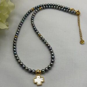 Lustrous Pearl Necklace with Gold Cross Pendant
